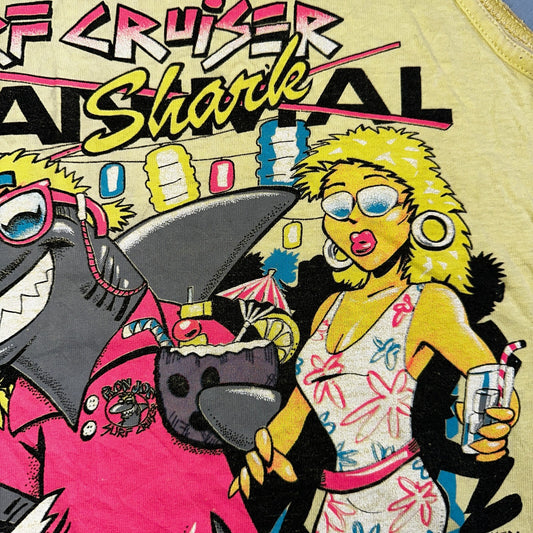 VTG 90s Ron Jons Surf Shop Tank Shirt Yellow Shark Ski Doo Cartoon USA Hot Girl