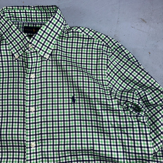 Ralph Lauren Shirt Mens Large Green Blue Tattersall Button Up Preppy Non Iron