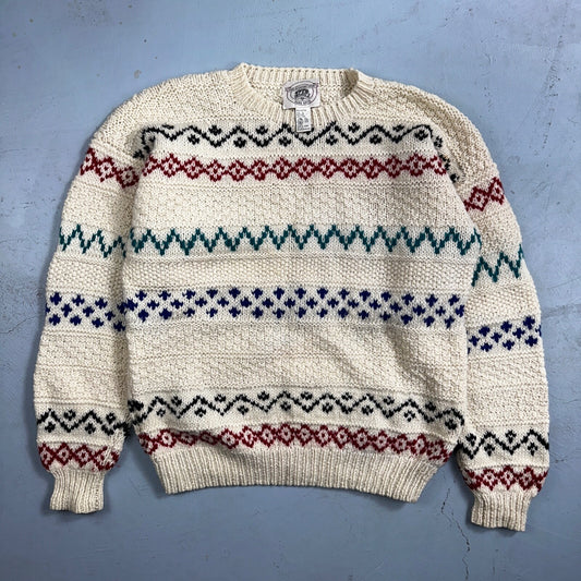 John Ashford VTG 80s Sweater Mens L Cream Multi Wool Fair Isle Hand Knit Crew