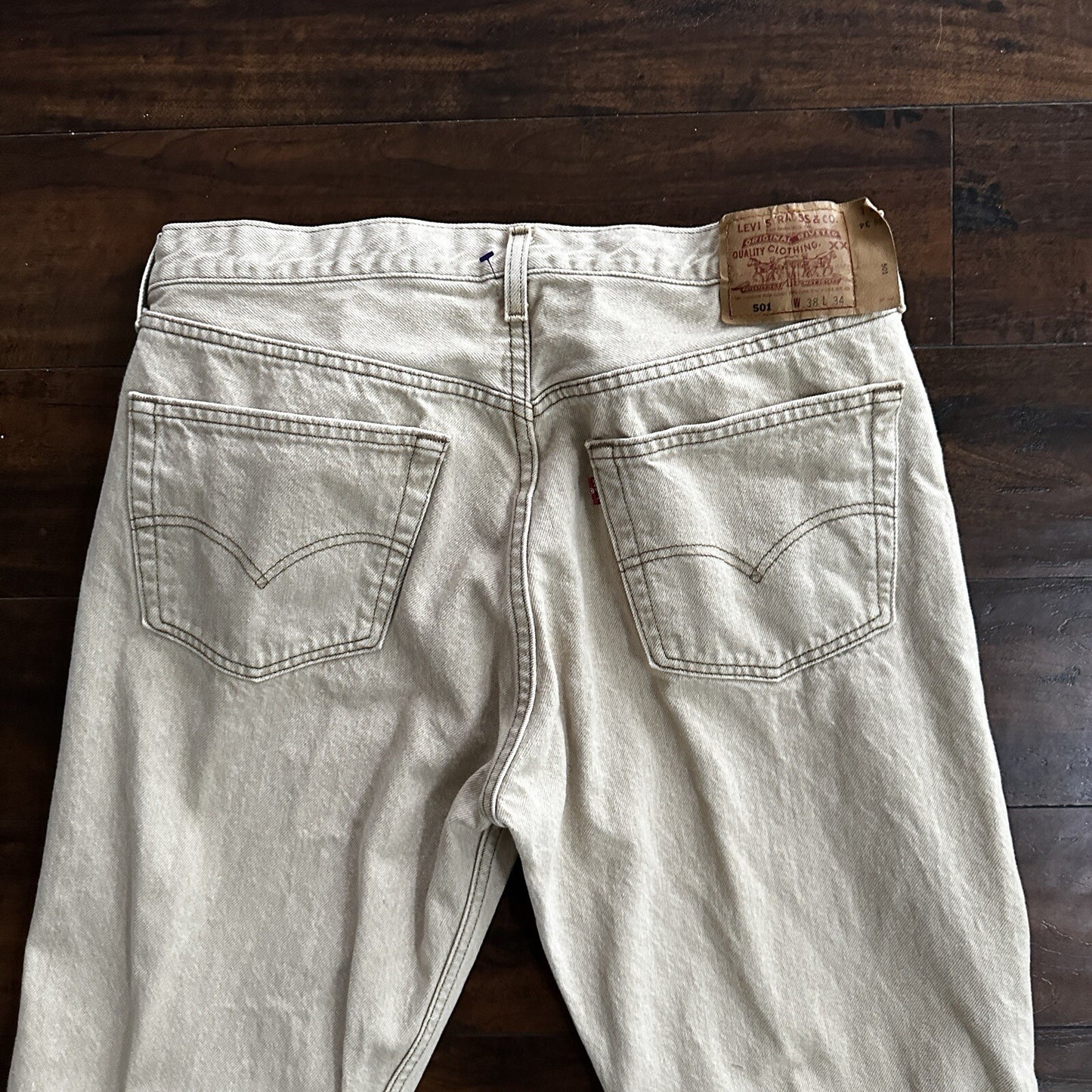 Vintage Levis 501 XX Button Fly 90s 38x34 80s Tag Act 35x34 Tan Cream Bleach