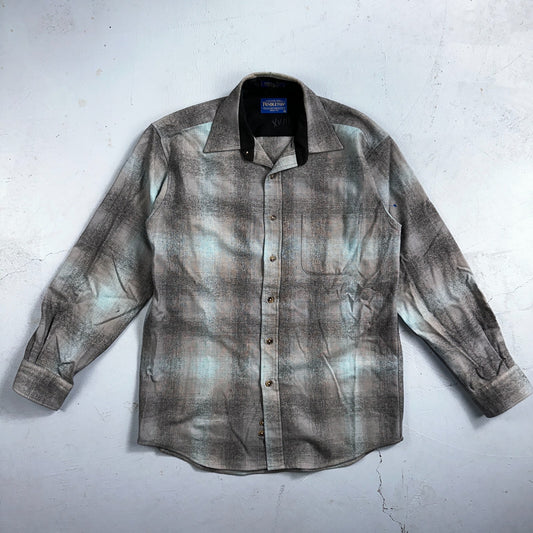 Pendleton Lodge Button Up Shirt Men's Medium Wool Plaid Gray Teal Pocket