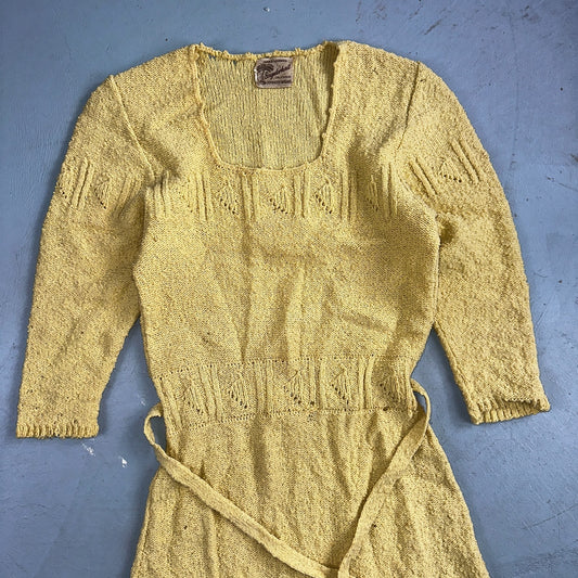 Vintage 50s Snyderknit Yellow Knit Dress Hand Loomed Boho Cottagecore Hawaiian