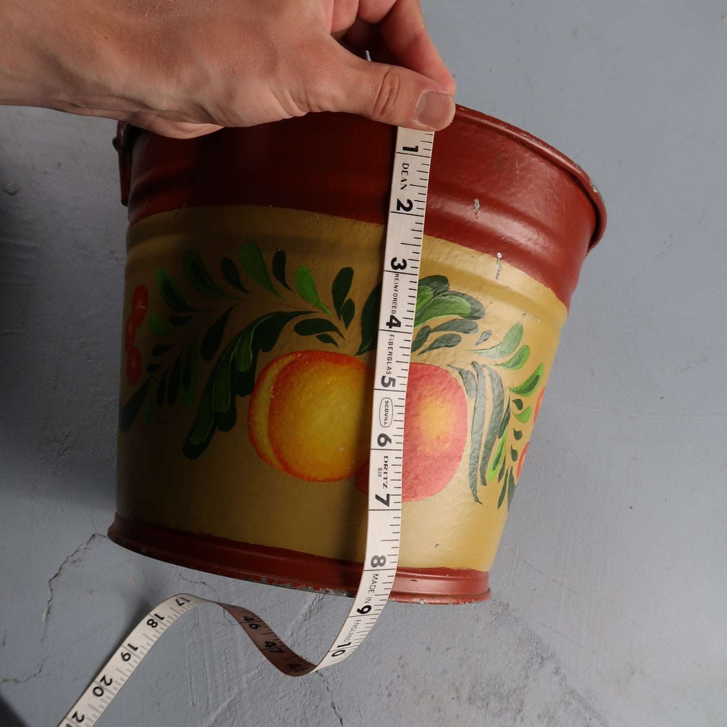 VTG Hand Painted Peaches Metal Bucket W Handle Galvanized Tub Garden Folk Art