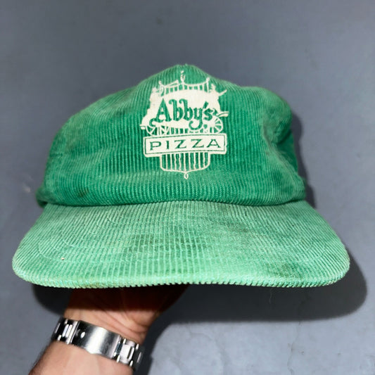 Vintage Abby's Pizza Green Hat Corduroy Snapback 80s Promo Cap Taiwan R.O.C.