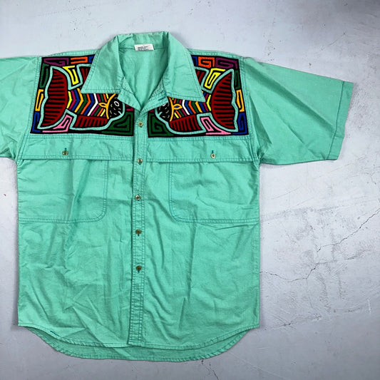 Chacal Tropical VTG Fish Short Sleeve Button Up Shirt L Green Hawaiian USA 80s