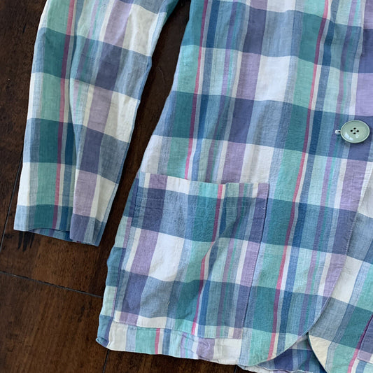 Vintage Star Womens SHIRT Linen Type Blues Navy Plaid Pocket Collar 70s 80s USA