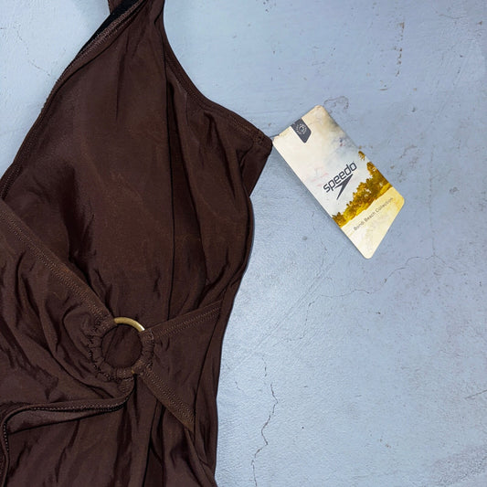 Speedo NWT Women 18 Swimwear Brown One Piece Ruched Logo Adult VTG