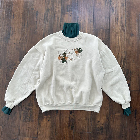 PFI Womens Size XL Autumn Leaves Long Sleeve Green Fall Collared Sweatshirt 90s