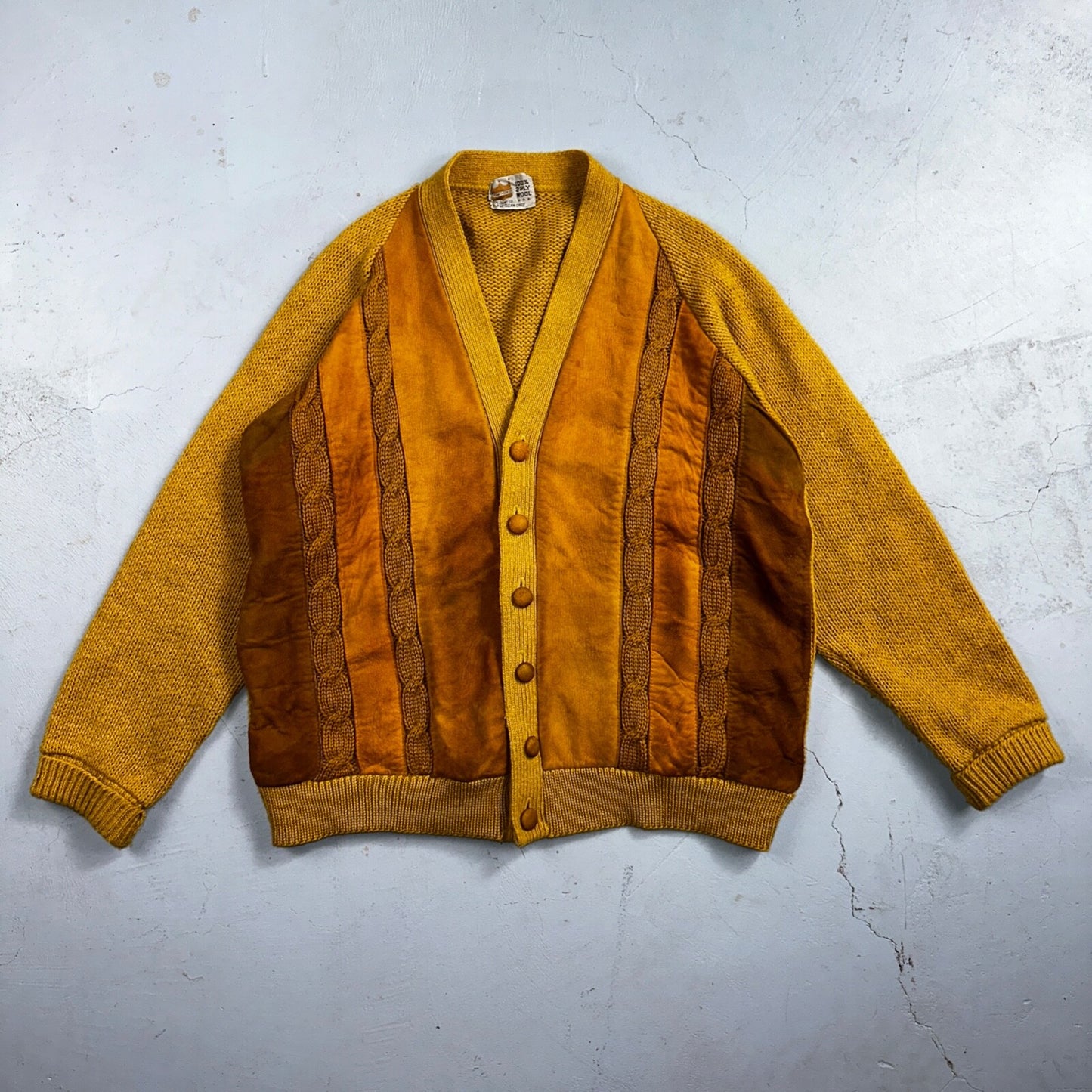 Vintage 60s Grant Crest Wool Cardigan Sweater M Yellow Mustard Suede Rockabilly