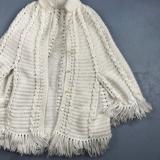 Knit Scarf White Cardigan Shawl Wrap Romantic Fringe VTG Chic Cottage Core