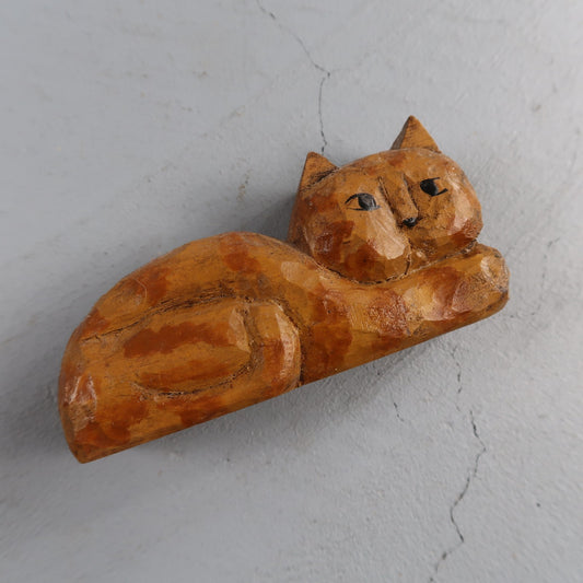 Small Carved Wood Sitting Cat Folk Art Figure Cute Hand Made Lucky Cute Luck