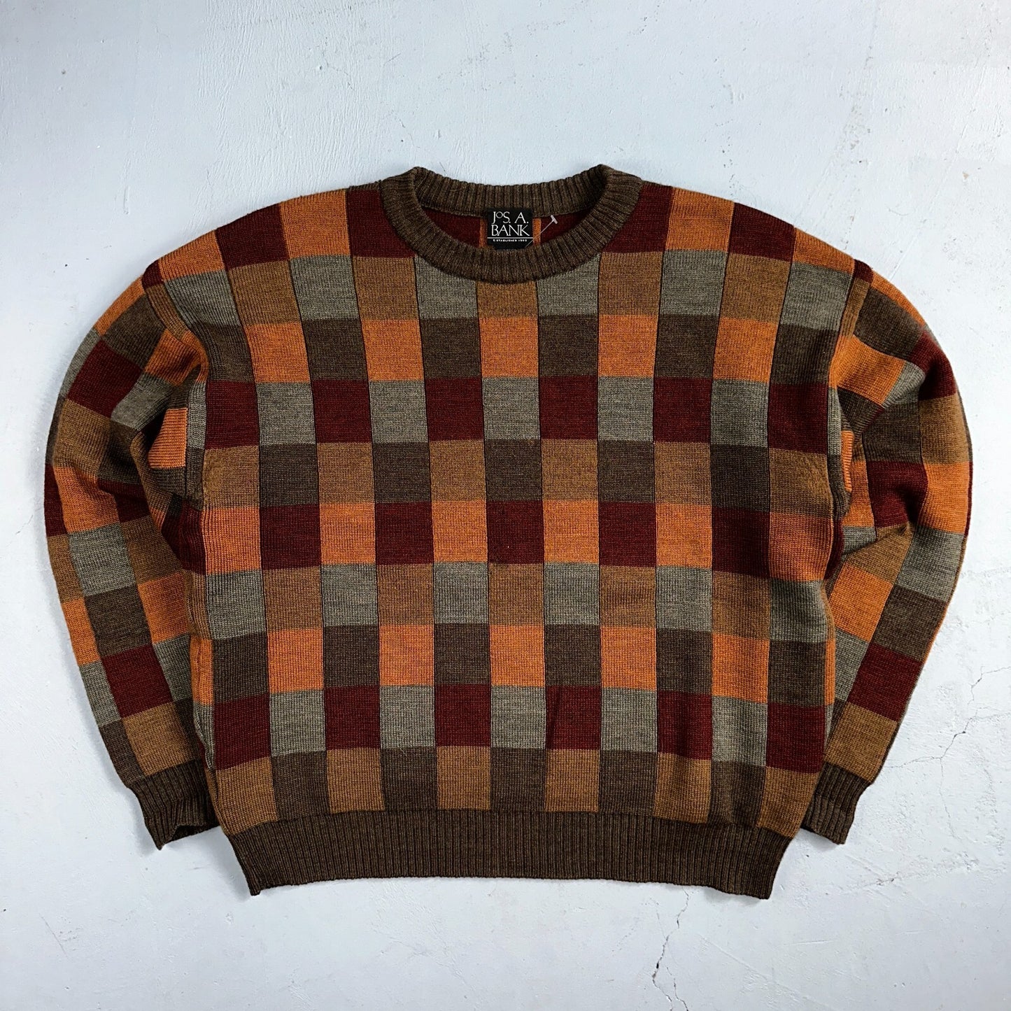 Jos A Bank VTG Mens L Pure Merino Wool Sweater Italy Checkboard 80s Patchwork