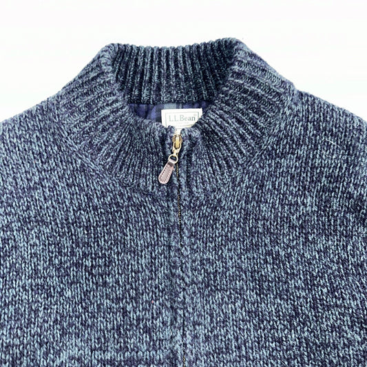 LL Bean Lambs Wool Blue Sweater Full Zip Flannel Plaid Lined Mens L Vintage