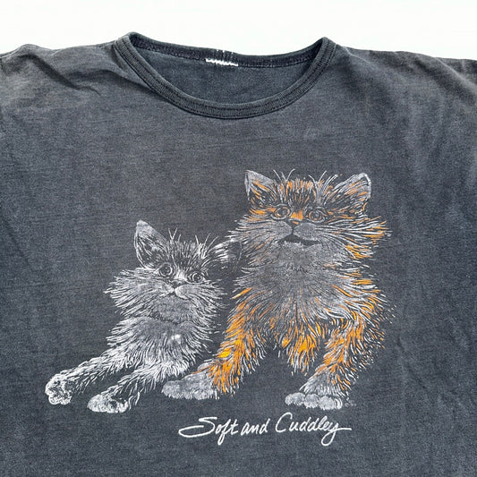 Cats Soft and Cuddly 1970s Boxy VTG T Shirt 70s Perfect Black Fade Boxy Animals