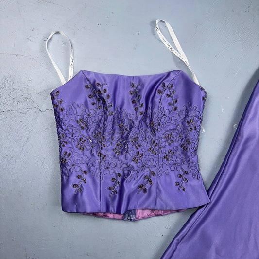 Zum Zum By Niki Livas Women's Purple Crop Skirt Beading Maxi Dress 5-6 USA Prom