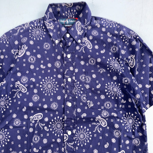 Ralph Lauren Custom Fit Paisley Navy Blue Geometric Pattern M Sleeve Button Up