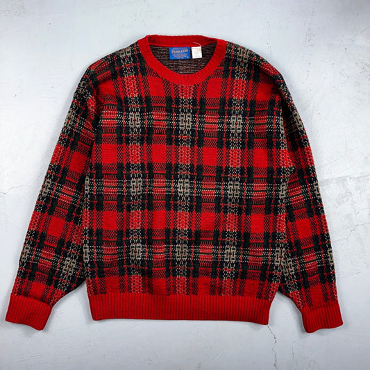 Pendleton VTG 100% Wool Sweater Mens L Plaid Red Oregon USA Preppy Christmas