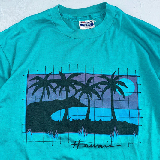 Hawaii Graphic Grid 80s Hanes VTG T Shirt 1980s Single Stitch Palm Trees Tropic