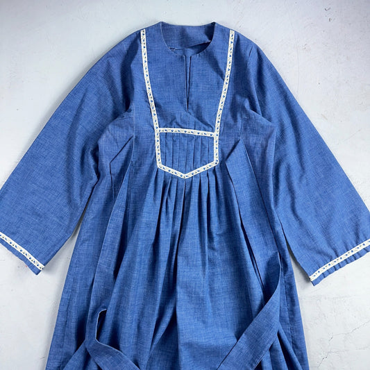 Vintage Prairie Style Blue Chambray Maxi Dress Lace Trim Cottagecore Long 60s