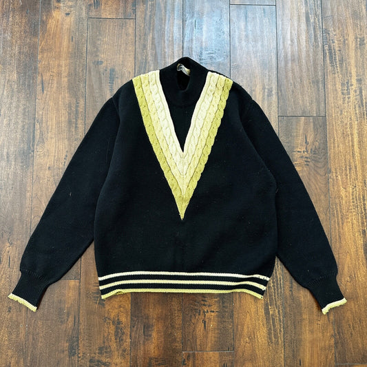 VTG Damon Sweater Mens L Black Gold Neck Wool Italy True 60s 70s RARE Stripe
