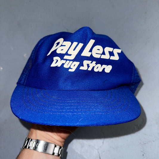 Vintage Pay Less Drug Store Hat Blue Mesh Snapback Pharmacy Promo Trucker Cap US