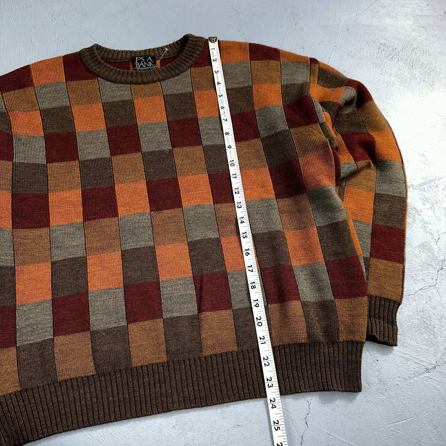 Jos A Bank VTG Mens L Pure Merino Wool Sweater Italy Checkboard 80s Patchwork