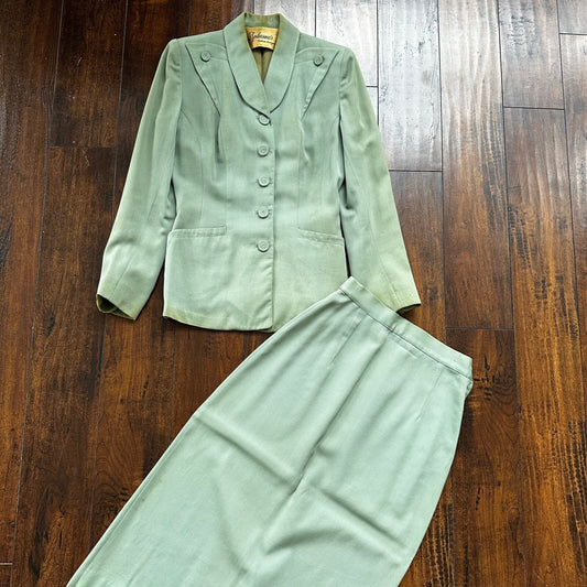 1950s Teal Green VTG 2 Piece Womens Houndstooth Suit Joselli MCM Wool 50s 40s