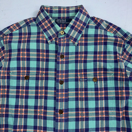 Polo Ralph Lauren Mens Long Sleeve Button Down Shirt Size M Plaid Green Blue