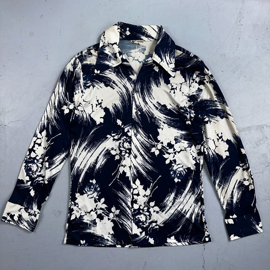 1970s Hawaiian Long Sleeve Floral Waves Button Down Shirt Medium 70s Rockabilly