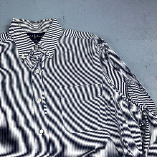 Polo Ralph Lauren Shirt 15.5 White Navy Striped USA Japan Button Up Long Sleeve