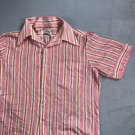 1960s Pink Striped Short Sleeve Button Down Shirt Rockabilly 15.5 Apollo