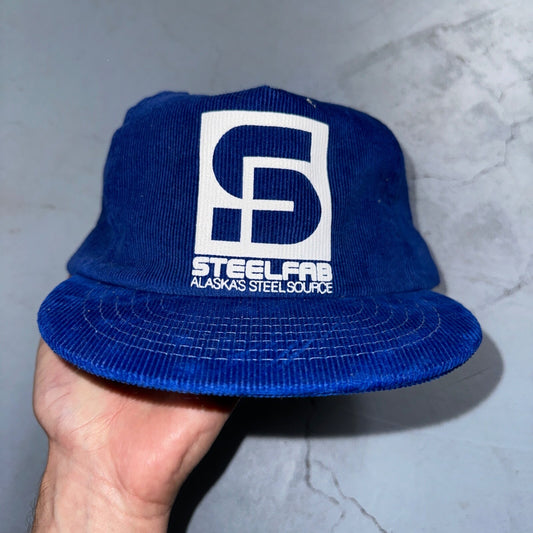 Steel Fab Blue Corduroy VTG Hat Cap Snapback Alaska USA Trucker Ocean Cool