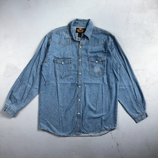 Harley Davidson Shirt Mens Large Long Blue Pearl Snap 90s Vintage Motor