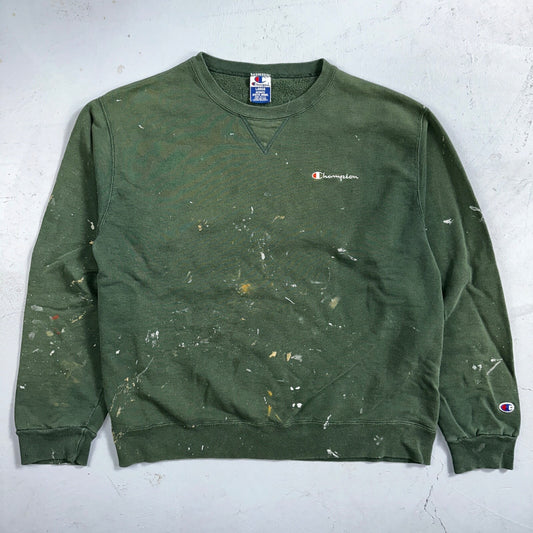 Champion 90s USA Sweatshirt VTG Crewneck Green Thrashed Paint Stained Large