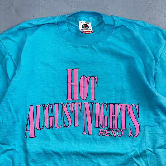 Hot August Nights 90s Reno Fruit of the Loom VTG T Shirt USA Bright Blue Graphic