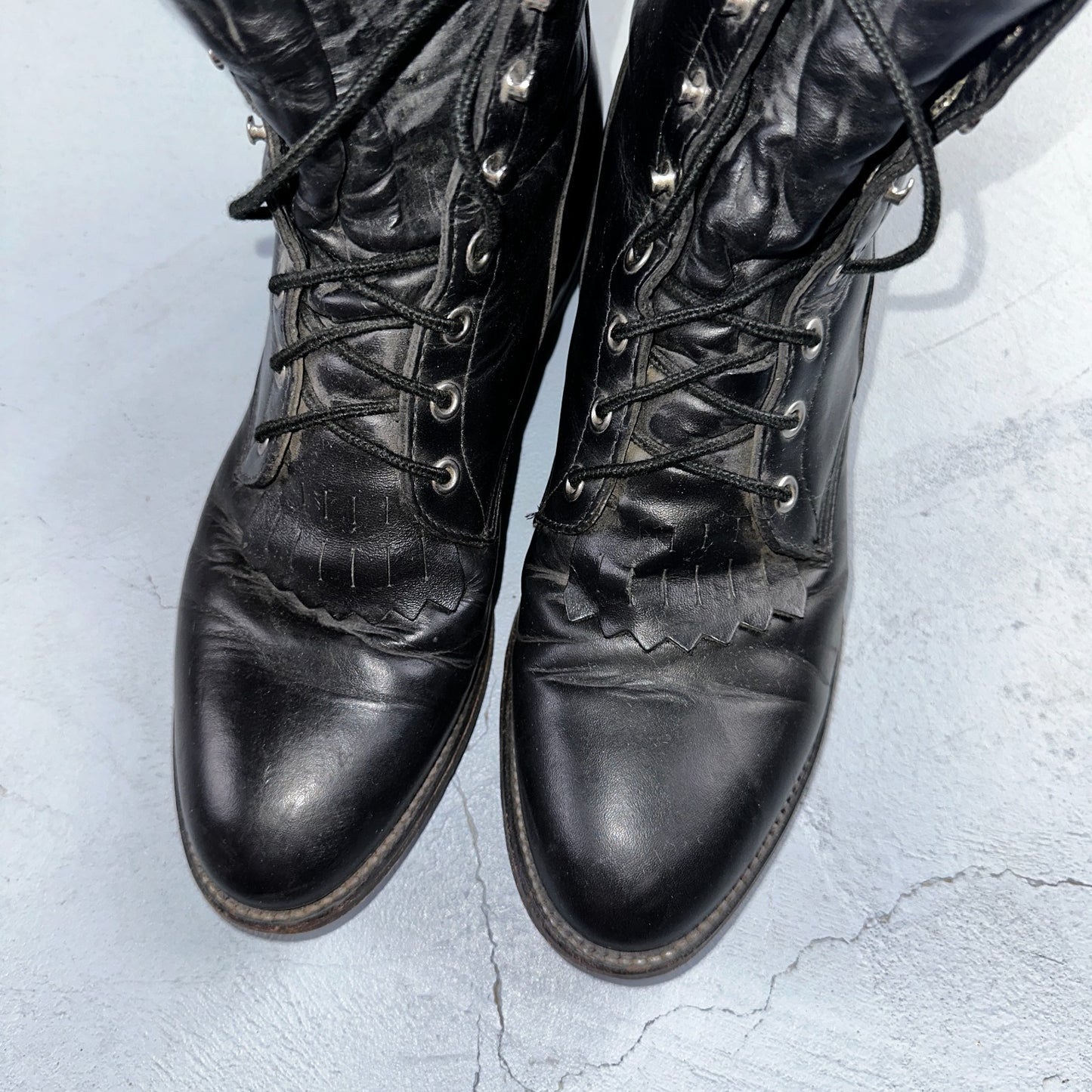 Vintage Justin Black Leather Roper Boots USA 9D Lace-Up Western Logger 506