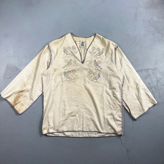 VTG 70s Kennington Cool Breeze Bird Linen Beach Shirt Sheer Unisex Stained