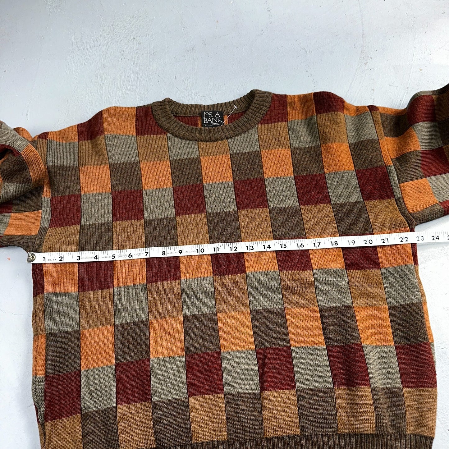 Jos A Bank VTG Mens L Pure Merino Wool Sweater Italy Checkboard 80s Patchwork