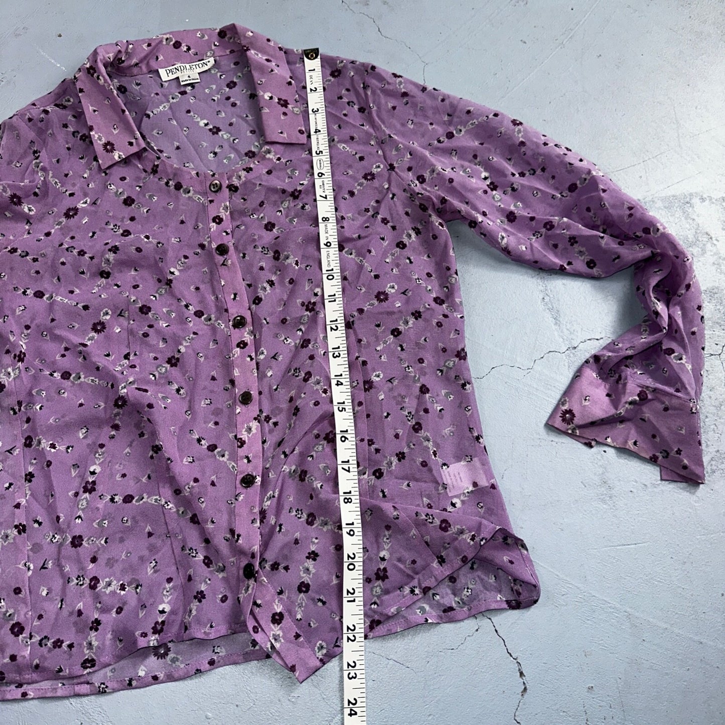 Pendelton 100% Silk Purple Collared Button Down Long Sleeve SZ 4 Petite Flowers