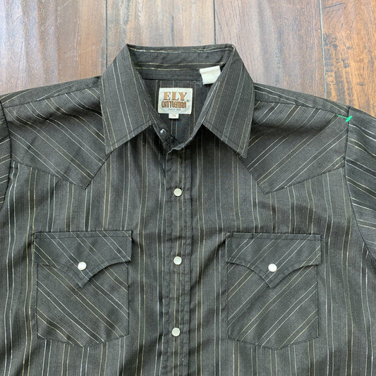 Vintage 60s Ely Cattleman Pearl Snap M Western Shirt Black Silver Gold 70s True
