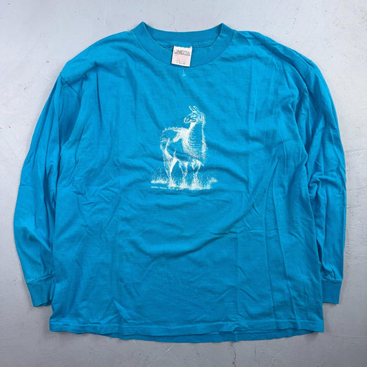 Oneita XL Blue VTG T Shirt Alpaca Llama Blue Long Sleeve Art Graphic Animals