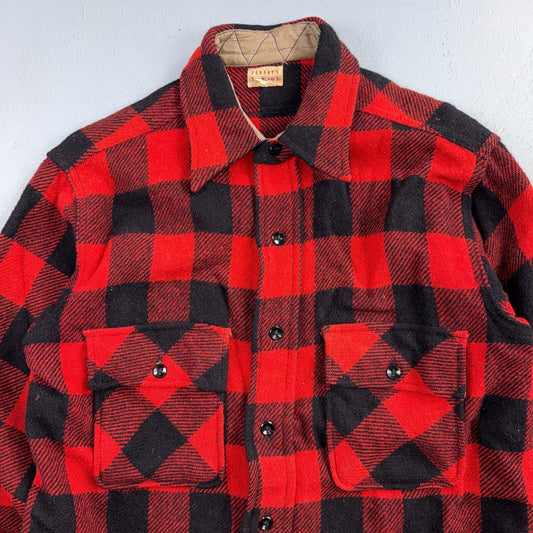 VTG 1940s Penneys Jacket Red Black Wool Buffalo Plaid 40s 50s Flannel Shirt Wool