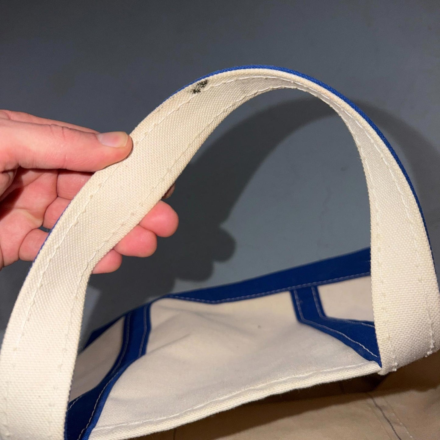 VTG LL Bean Boat & Tote Small Canvas Bag Navy Blue Freeport Maine 17x11x6