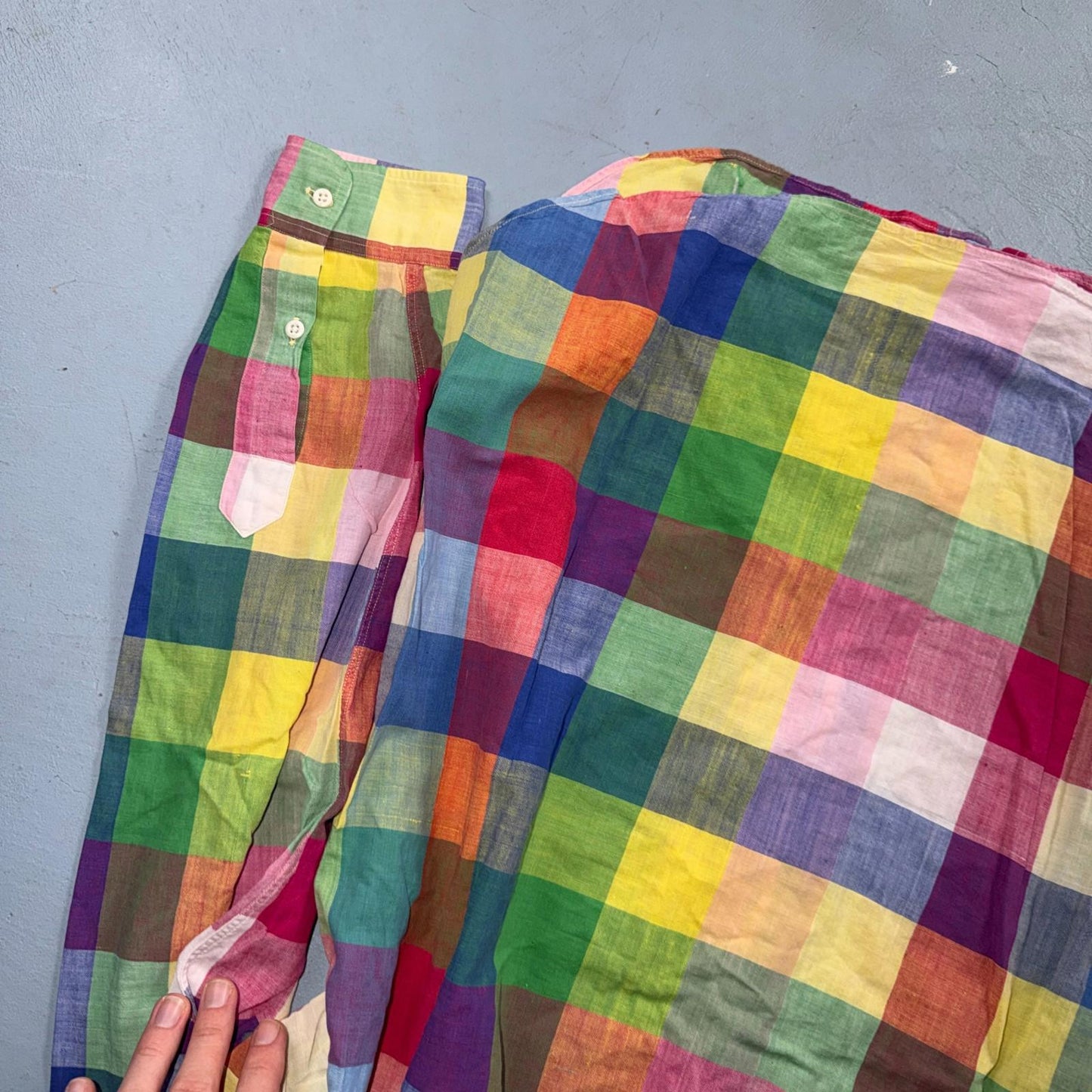 VTG Albert LTD Blue Yellow Button Up Long Sleeve Picnic Plaid Large USA Designer