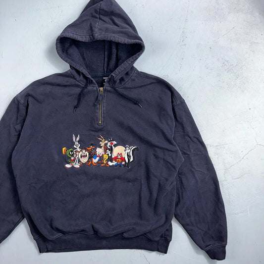 Vintage Warner Bros Studio Store Embroidered Looney Tunes Quarter Zip Hoodie M