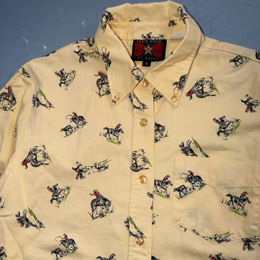Vintage 90s Five Star by Roper Western Cowboy Button Down Shirt M Horses AOP