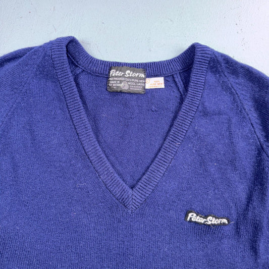 Vintage 70s Peter Storm Sweater Mens XL Navy Blue V Neck Pure Wool Knit