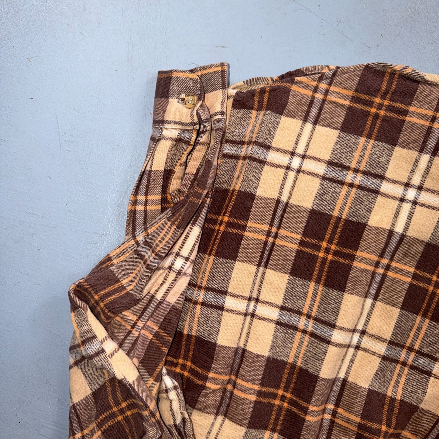 VTG 70s Big Mac Penneys Plaid Flannel Shirt Brown Tan Cotton Tall M USA Made