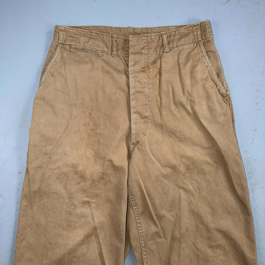 VTG 40s WWII Button Fly Cotton Military Trousers Chino Khaki Distressed 28x31