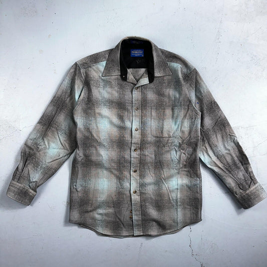 Pendleton Lodge Button Up Shirt Men's Medium Wool Plaid Gray Teal Pocket